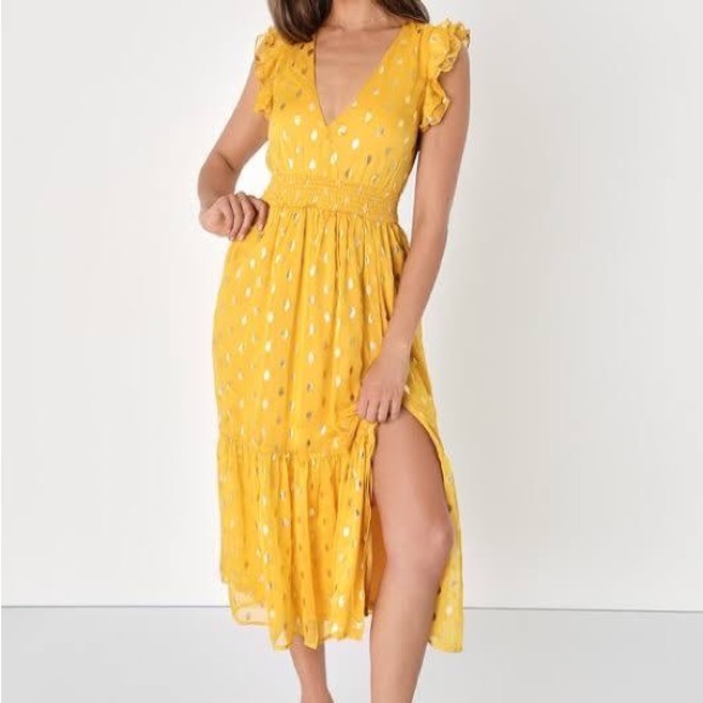 Lulu’s Yellow and gold polka dot dress size small